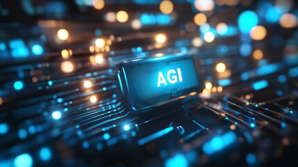 Poster - Glowing blue AGI button. Technology background
