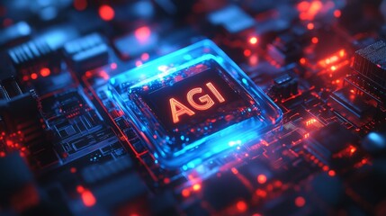 Poster - Glowing blue AGI button. Technology background