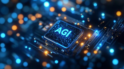 Poster - Glowing blue AGI button. Technology background