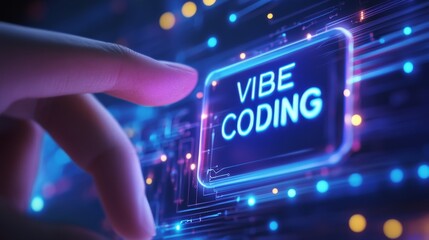 Aufkleber - Finger pressing vibe coding button on monitor screen. Vibe coding concept. Technology background