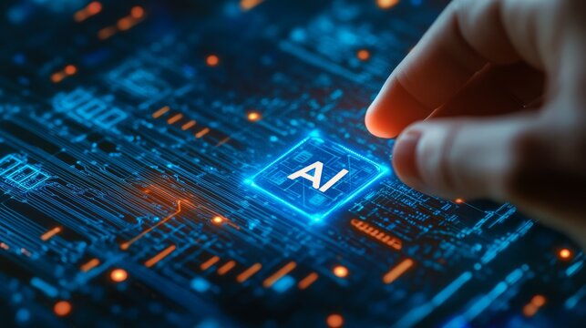 Finger pressing AI button. Push button. Technology background