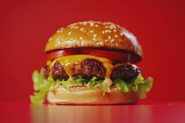 Aufkleber - Mouthwatering cheeseburger topped with fresh ingredients and drizzling cheese against a vibrant red background