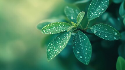Fototapete - Fresh green leaves adorned with dewdrops capturing the essence of nature in a tranquil, minimalist composition