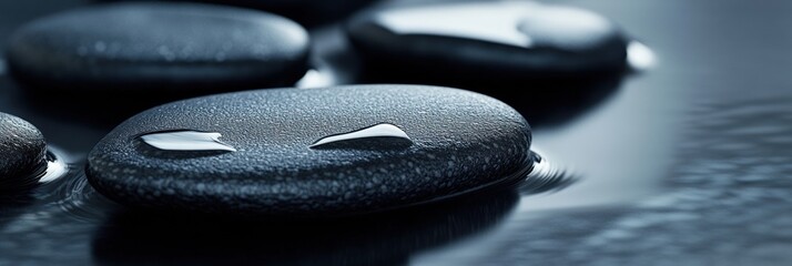 Aufkleber - Close-up view of smooth black river stones on a wet reflective surface with soft lighting and deep contrast enhancing minimalist textures