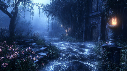 Poster - Dark and mysterious area surrounded by dense foliage and shadows creating an enigmatic atmosphere in a natural landscape.