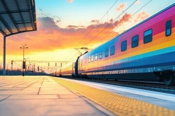 Poster - Beautiful view with modern high speed train on the railway station and colorful sky with clouds at sunset in Europe Industrial landscape with blue train on railway platform Railroa