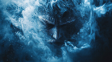Poster - Mysterious man surrounded by a dramatic blue smoke cloud creating an ethereal atmosphere in an outdoor setting with nature elements.