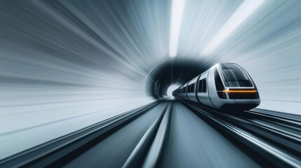 Poster - Black and white concept sketch of a futuristic highspeed train speeding through a streamlined tunnel