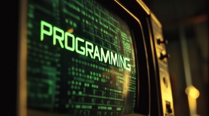 Aufkleber - Blue programming word text on monitor screen. Coding concept. Technology background