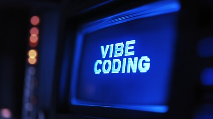 Aufkleber - Blue vibe coding words on monitor screen. Vibe coding concept. Technology background