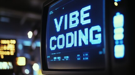 Aufkleber - Blue vibe coding words on monitor screen. Vibe coding concept. Technology background