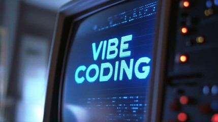 Aufkleber - Blue vibe coding words on monitor screen. Vibe coding concept. Technology background