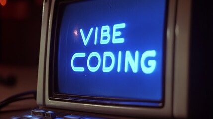 Aufkleber - Blue vibe coding words on monitor screen. Vibe coding concept. Technology background