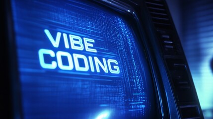 Aufkleber - Blue vibe coding words on monitor screen. Vibe coding concept. Technology background