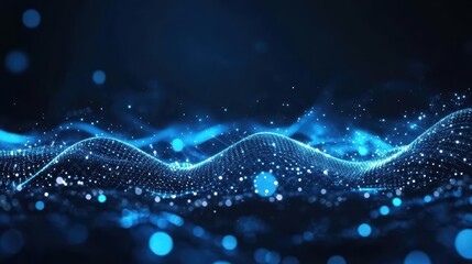 Poster - Blue and black abstract digital waves with glowing white dots AIG535