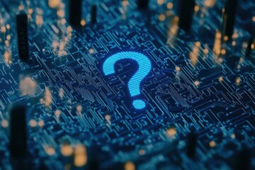 Poster - blue digital brain with cuircut board pattern question mark