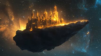 Wall Mural - a castle carved into a glowing meteor floating in space, its surfaces glowing with interstellar ligh