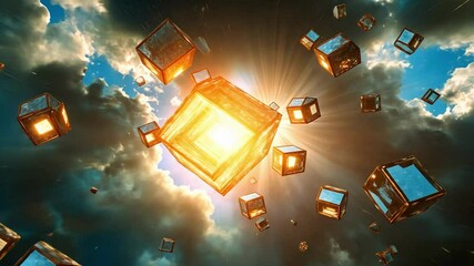 Poster - Floating cubes shimmer against a vibrant sunset in a surreal digital landscape