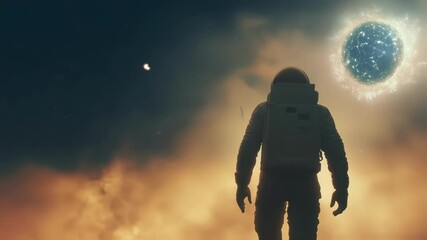 Poster - lone astronaut walking near glowing planetary surface, embodying cosmic exploration through mysterio