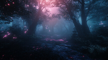 Poster - Ethereal forest radiating a bright light creating a dreamlike bio-digital environment filled with soft ambient glow and tranquil beauty.
