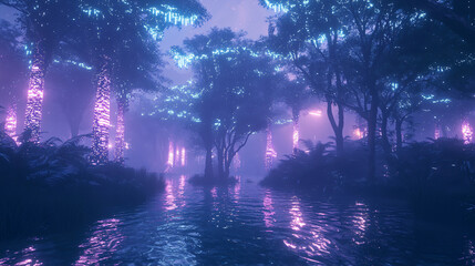 Poster - Gentle river flowing through a lush forest creating a picturesque bio-digital landscape filled with soft ambient light and natural serenity.