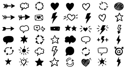 Poster - Expressive Doodle Collection: a delightful arrangement of whimsical hand-drawn doodles, featuring an array of arrows, hearts, lightning bolts, stars, and speech bubbles.