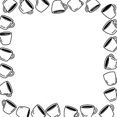 Poster - A Decorative Frame of Coffee Cups: A whimsical frame composed of numerous monochrome coffee cup illustrations, providing a decorative border.