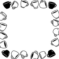 Poster - Coffee Cup Circle: A unique collection of sketched coffee cups creates a circle frame, offering a blank space for messages or designs, ideal for templates and layouts.