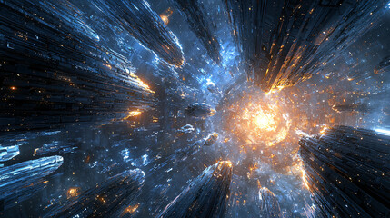 Poster - An incredible scene of a massive explosion of light illuminating the surroundings with a sci-fi vibe of energy and power.