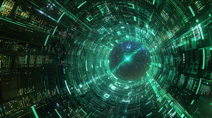 Poster - A captivating futuristic city bathed in green light creating an enigmatic atmosphere of sci-fi fantasy and urban mystery.