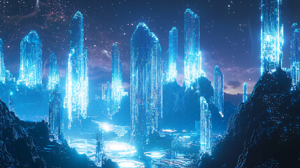 Poster - A futuristic city illuminated by blue lights creating a mesmerizing atmosphere of sci-fi wonder and urban exploration.