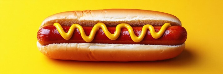 Poster - Enjoy classic hot dog with mustard and ketchup against vibrant background under bright light