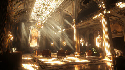 Poster - Majestic church with sunlight streaming through its in a sci-fi environment highlighting cybernetic enhancements and natural light.