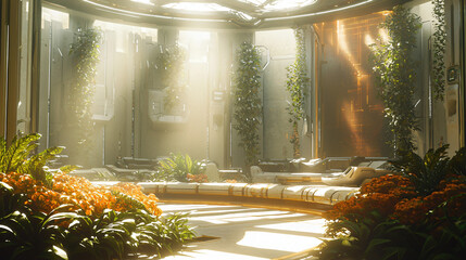 Poster - Sunlit room featuring a couch and table in a sci-fi environment with cybernetic enhancements and natural surroundings creating comfort.