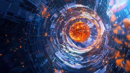 Poster - A futuristic city featuring a distinct circular structure bathed in soft light creating an engaging sci-fi environment with cybernetic enhancements.