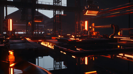 Poster - A large factory filled with metal elements and machinery set in a deep-space manufacturing zone showcasing industrial cybernetic enhancements.