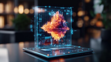 Fototapete - Holographic 3D orange blue waveform data visualization above sleek dark tablet on dark surface with blurred warm background ambiance effect
