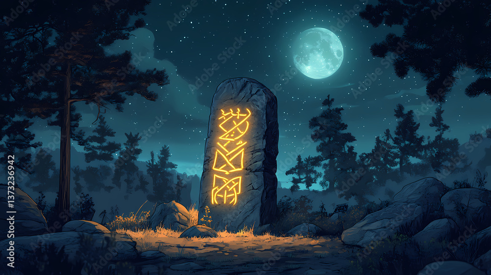 An ancient stone tablet engraved with norse runes glowing faintly in ...