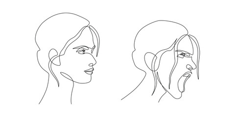 Poster - Calm and angry screaming woman in continuous one line drawing. Stress and anger person behind apparent calmness in simple linear style. Mental health and illness concept. Contour vector illustration