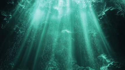 Poster - captivating deep blue ocean scene with sunlight streamers penetrating through the water creating a s