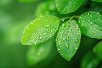 Aufkleber - Close-up of fresh green leaves adorned with dewdrops showcasing the beauty of nature in a tranquil setting