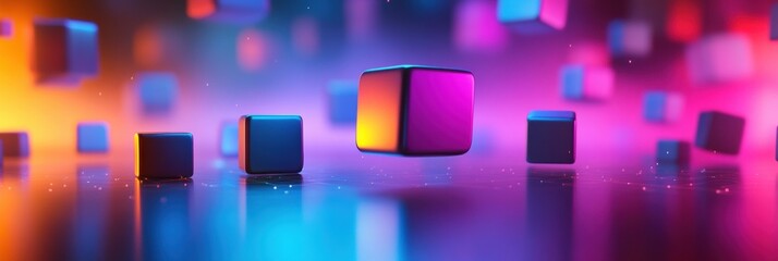 Fototapete - Futuristic minimalistic background featuring colorful floating 3D cubes with soft reflections and vibrant neon gradients in a surreal atmosphere