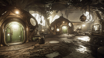 Poster - Bright room featuring a door and numerous allowing natural light to illuminate a futuristic undersea base environment.