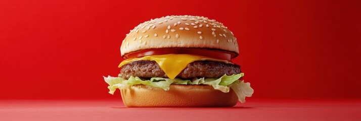 Aufkleber - Juicy cheeseburger with melted cheese, fresh lettuce, and tomato on sesame bun against a vibrant red background
