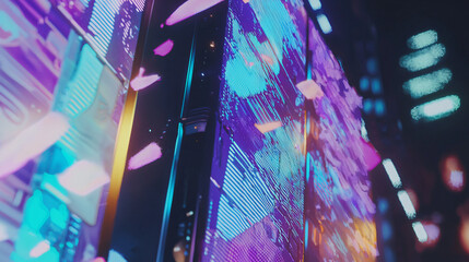 Poster - A vibrantly colored building with colorful lights in a sci-fi environment featuring holographic billboards and harsh light elements.