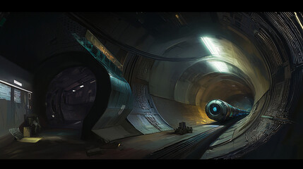 Poster - Vast sci-fi tunnel with hyperloop transit system illuminated by volumetric light creating an otherworldly atmosphere for travelers.