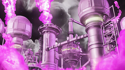 Poster - Unique pink smokestack emitting low-key light in a futuristic ion propulsion station setting within a sci-fi environment.