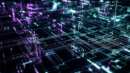 Poster - Intricate computer circuit design with numerous lines representing light-based transportation grids in a futuristic sci-fi environment.
