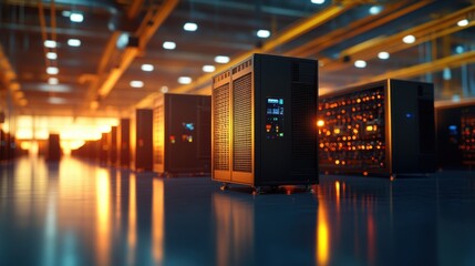 Poster - Rows of sleek dark-colored server racks on polished floor in large industrial space illuminated by warm lighting creating dramatic technological atmosphere