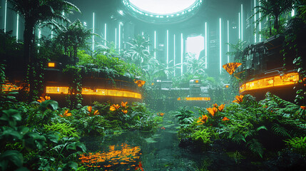 Poster - Captivating room adorned with lush plants and an intriguing clock highlighting a radiant sci-fi environment of mechanical jungle aesthetics.